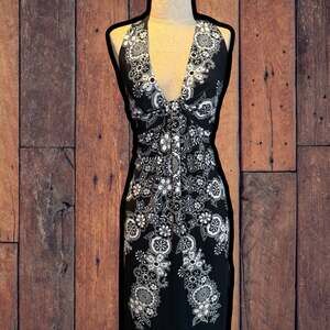 Maggy London Black and White Floral Paisley Halter Midi Dress Size 12